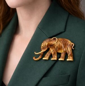 Vintage Gold Tone Enamel Elephant Brooch 3” Statement Pin